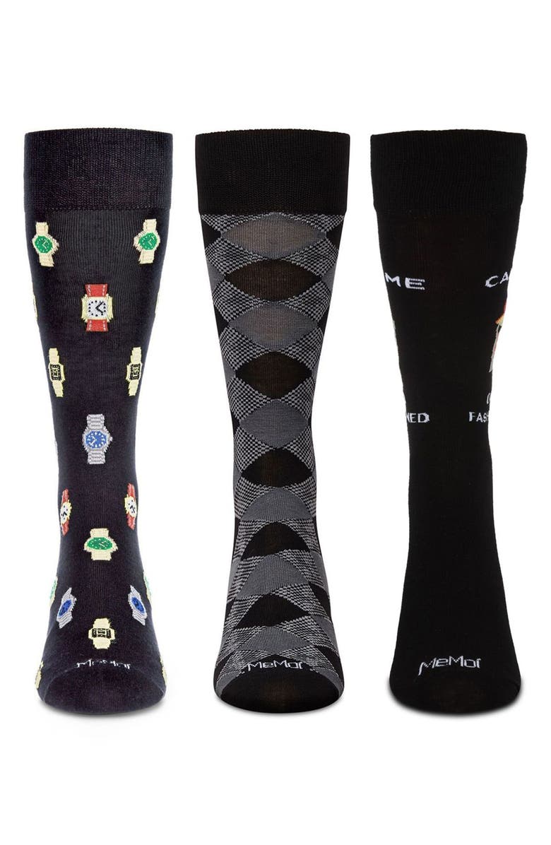 MeMoi Hobby Assorted 3-Pack Crew Socks, Alternate, color, Black-Black
