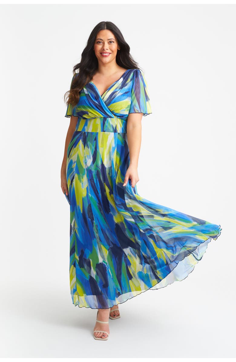 Scarlett & Jo Isabelle Abstract Angel Sleeve Dress, Main, color, Blue Yellow