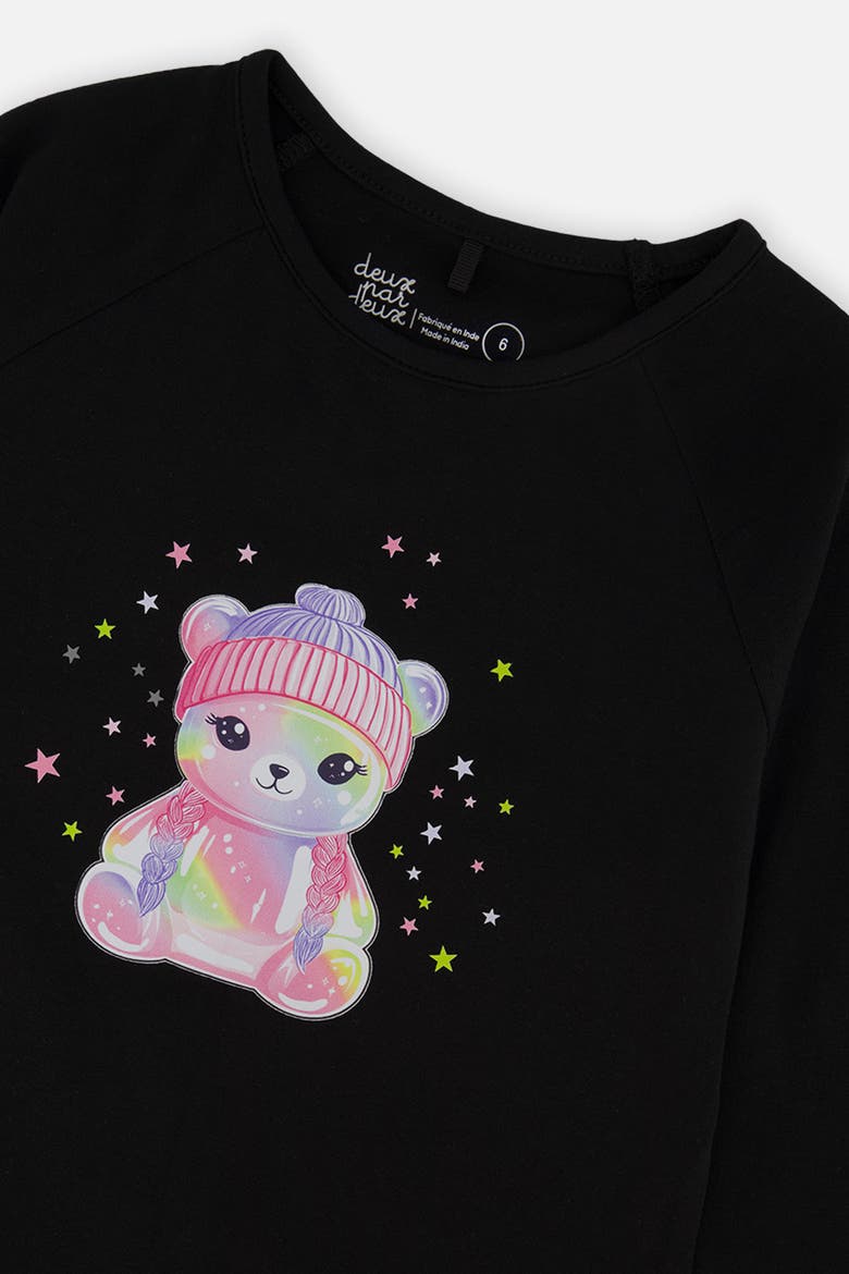 Rainbow Teddy Bear Raglan Organic Cotton Crew Neck T-Shirt, Alternate, color, Black