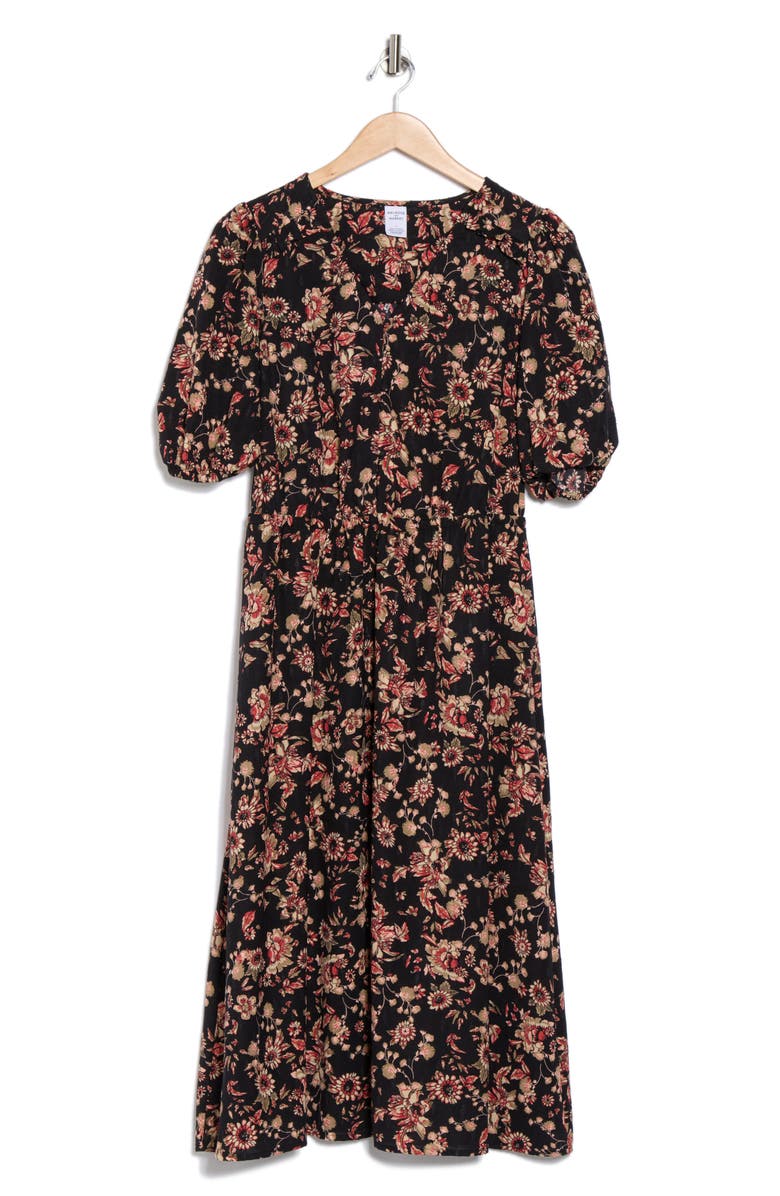 Melrose and Market Ruffle Yoke Midi Dress, Alternate, color, Black- Tan Mara Floral