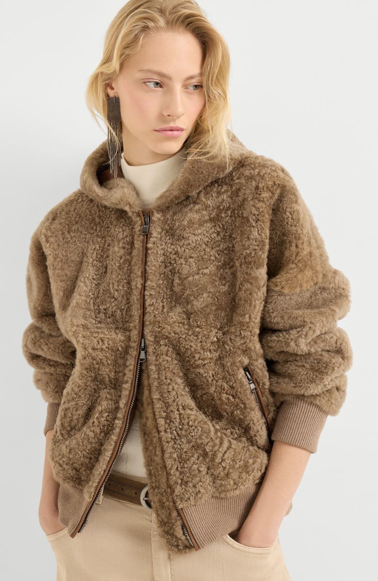 Brunello Cucinelli Fuzzy shearling outerwear jacket, Alternate, color, Brown