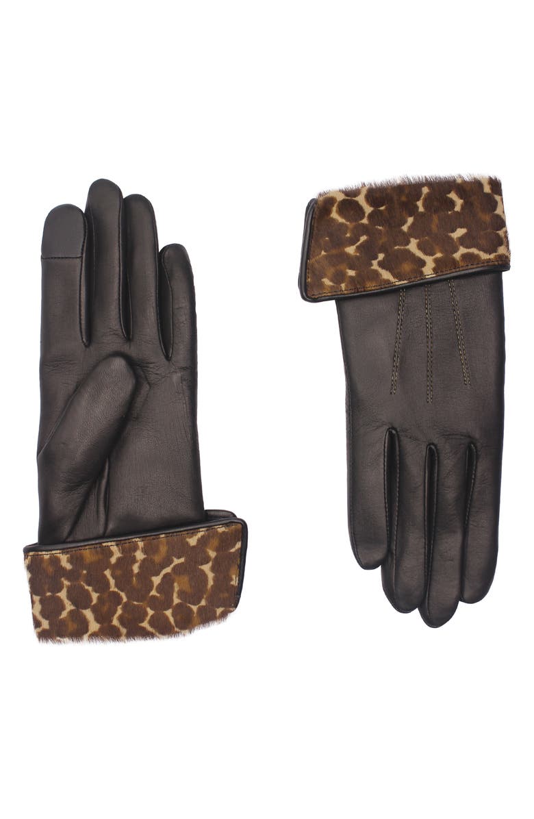 Agnelle Leopard Print Genuine Calf Hair Cuff Leather Gloves, Main, color,