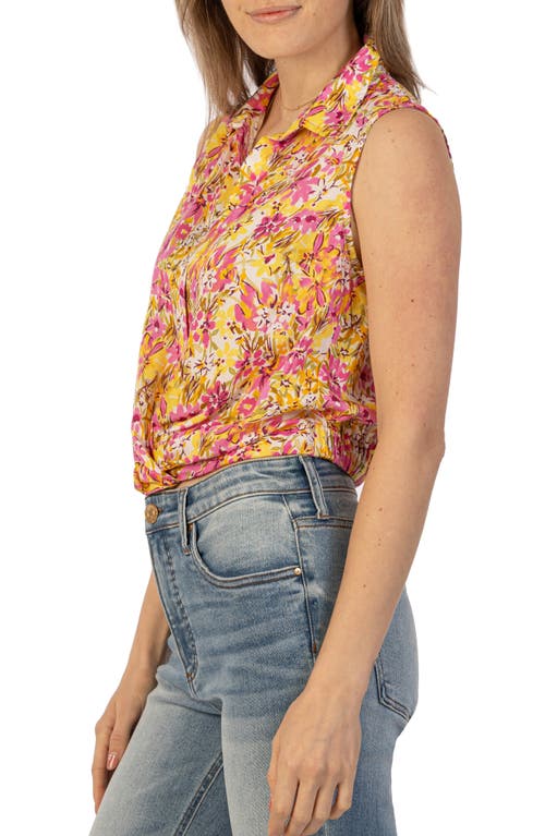 Kut From The Kloth Renata Floral Front Twist Sleeveless Button-up Top In Cordoba-pink/yo