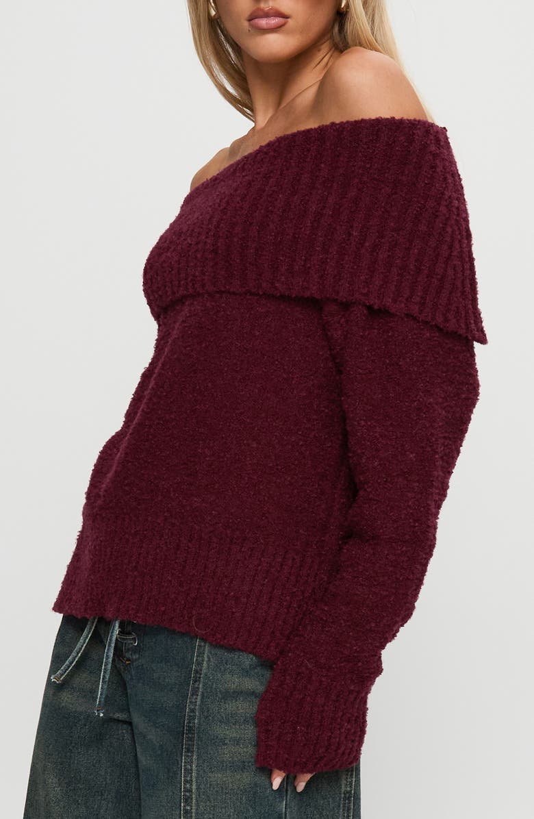 Princess Polly Parkley Off the Shoulder Bouclé Sweater, Alternate, color, Burgundy