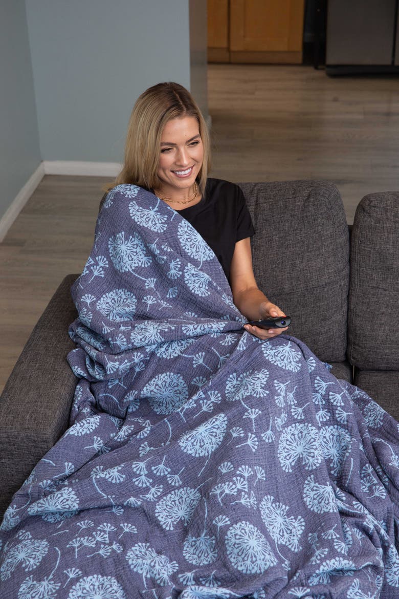 Dandelion Reversible Organic Muslin Blanket, Alternate, color, Navy