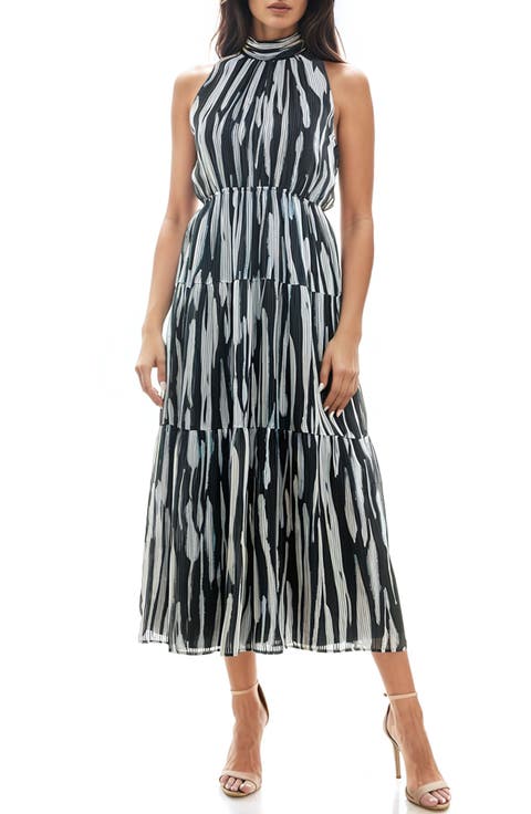 Print Mock Neck Chiffon Midi Dress