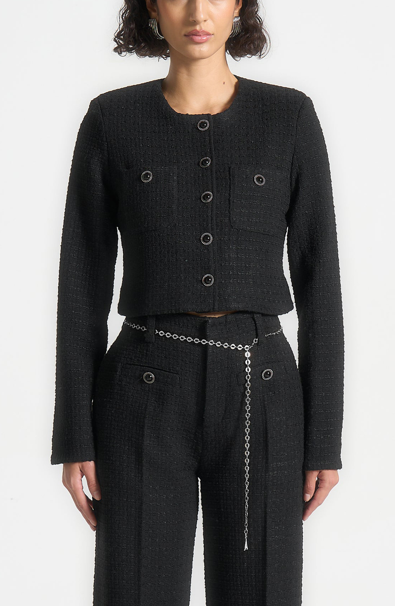 Manière De Voir Celine Cropped Tweed Jacket with Pearls, Alternate, color, Black