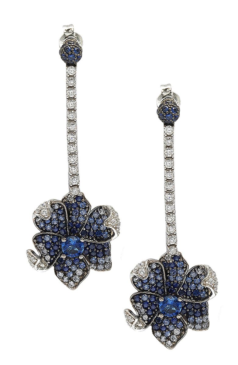 SUZY LEVIAN Blue Sapphire, Created White Sapphire & Brown Diamond Flower Drop Earrings, Main, color, Blue