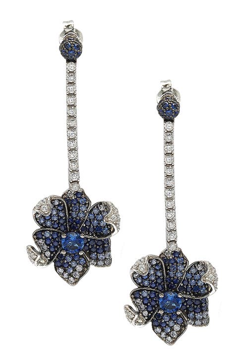 Blue Sapphire, Created White Sapphire & Brown Diamond Flower Drop Earrings
