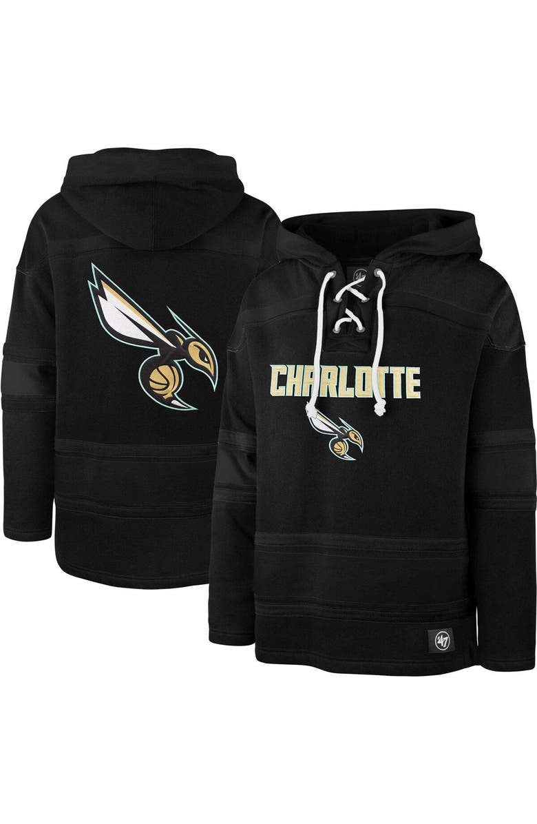 '47 Men's '47 Black Charlotte Hornets 2022/23 Pregame MVP Lacer Pullover Hoodie - City Edition, Main, color, 