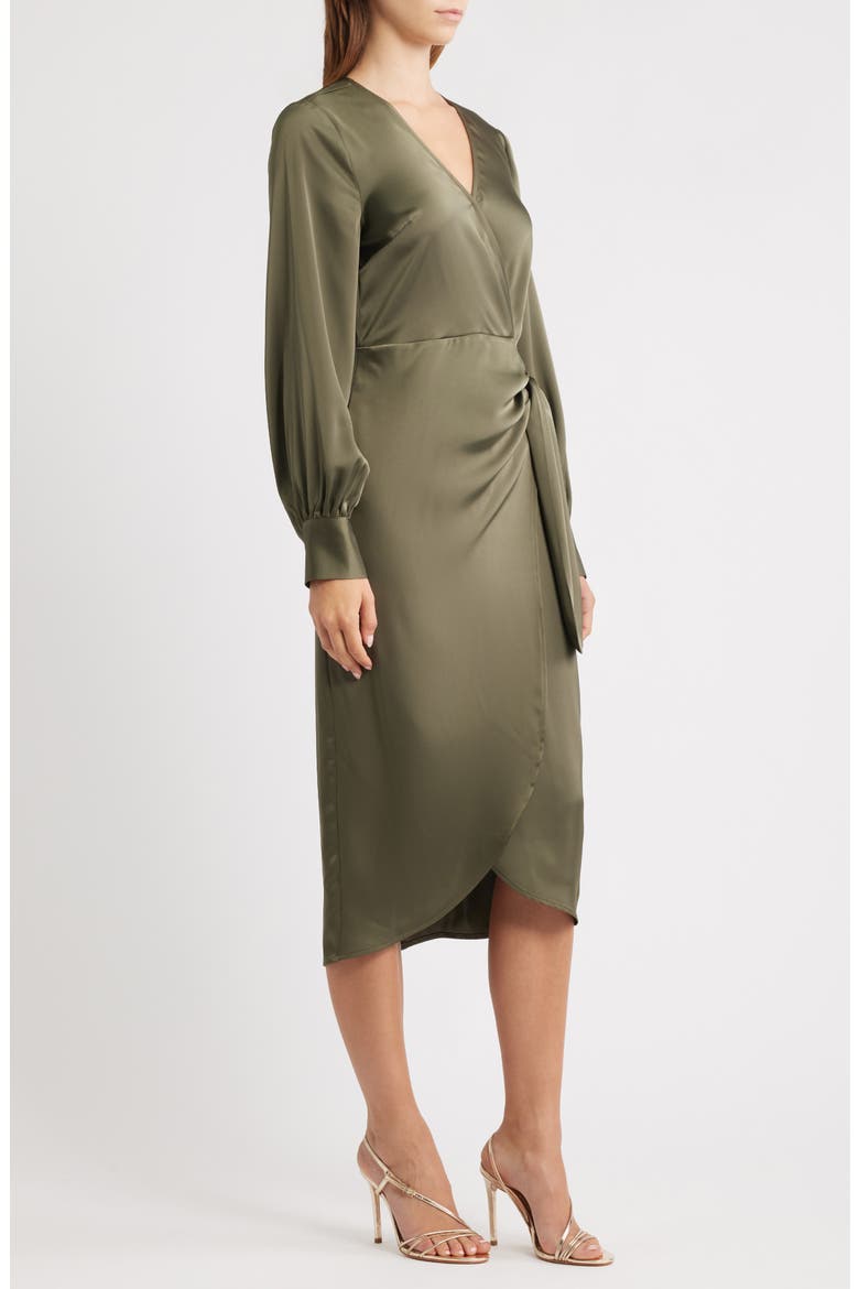 Long Sleeve Faux Wrap Satin Dress, Alternate, color, LODEN