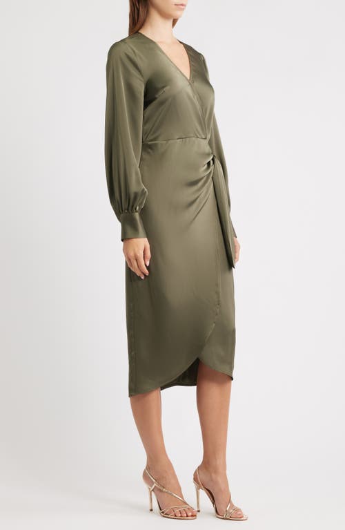 Sam Edelman Long Sleeve Faux Wrap Satin Dress In Green