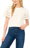 CeCe Embroidered Detail Short Sleeve Cotton Top