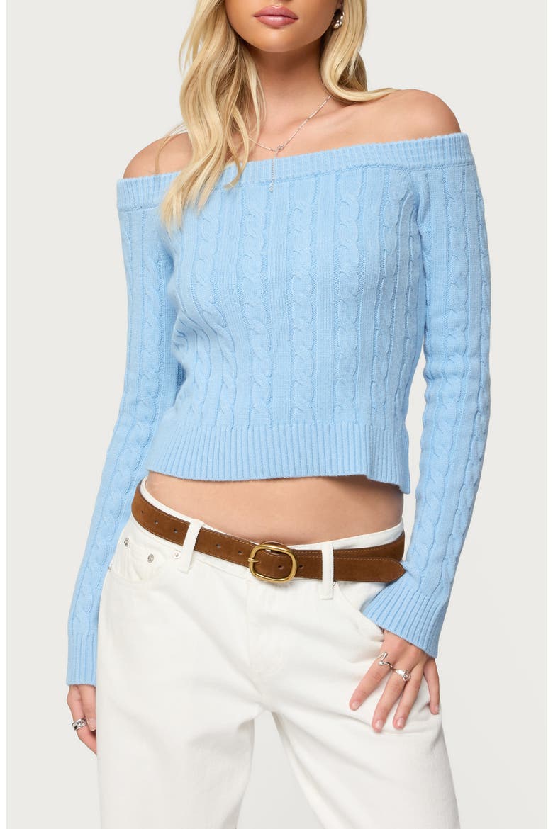 Tanzia Off the Shoulder Cable Stitch Sweater, Main, color, LIGHT-BLUE