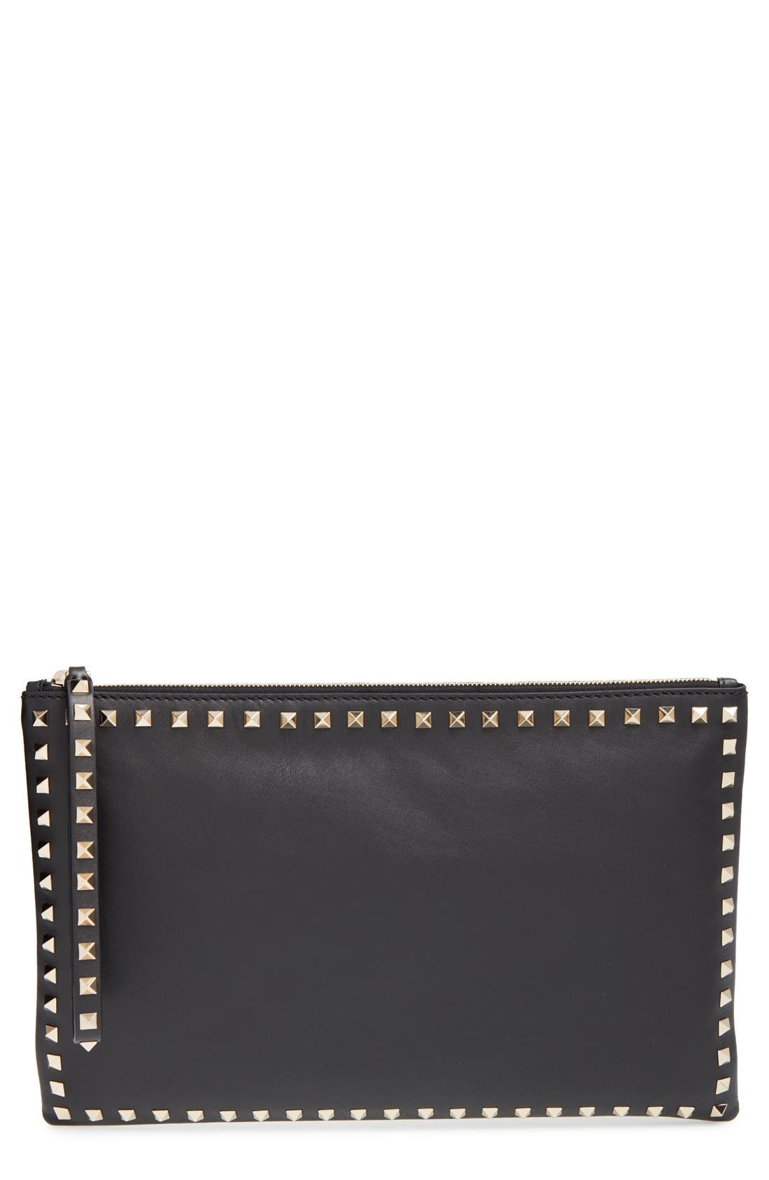 'Rockstud' Leather Clutch, Main, color, BLACK