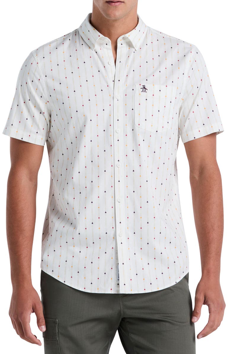 Original Penguin Short Sleeve Cotton Blend Twill Button-Down Shirt, Main, color, Bright White