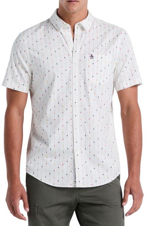 Short Sleeve Cotton Blend Twill Button-Down Shirt
