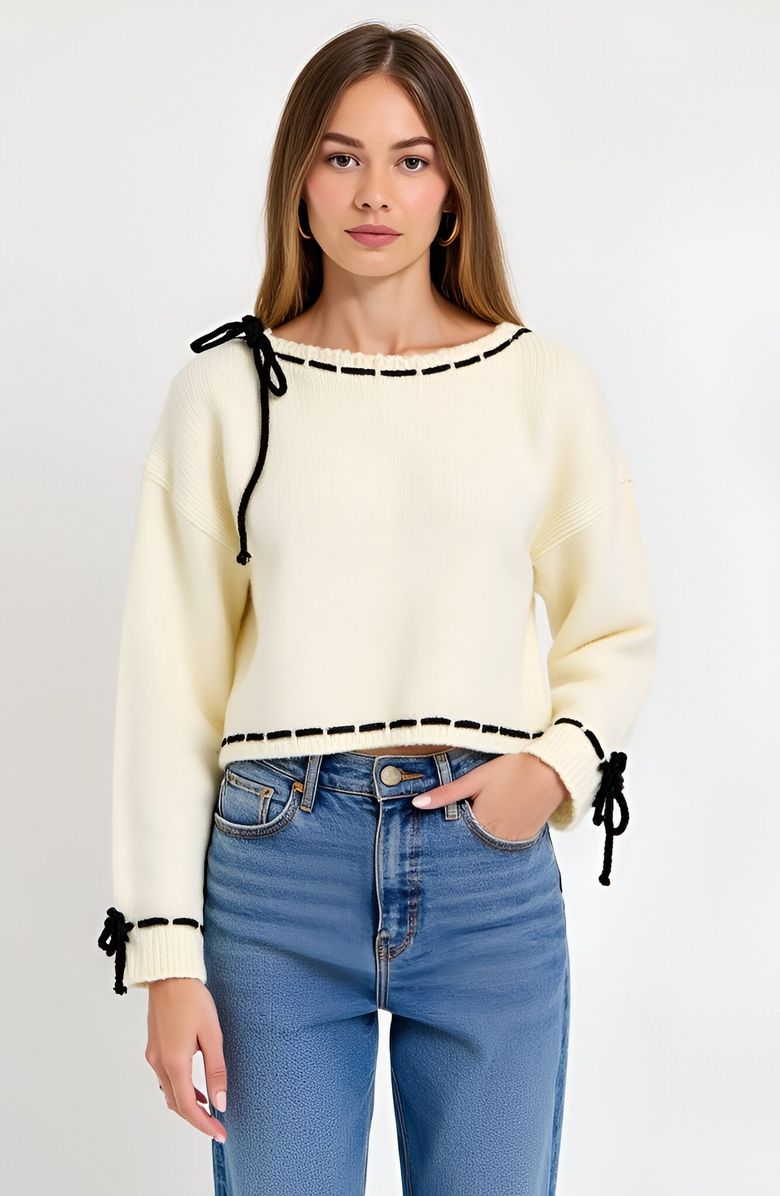 Modenaire Contrast Tie Scalloped Boat Neck Cropped Hem Knit Sweater, Main, color, Ivory