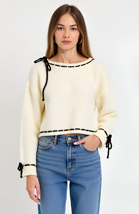 Contrast Tie Scalloped Boat Neck Cropped Hem Knit Sweater