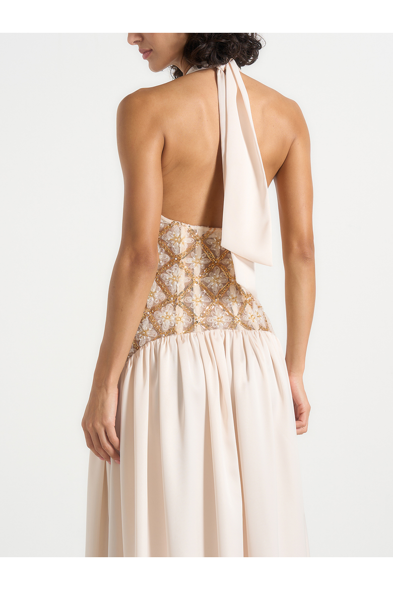 Ava Halterneck Embellished Corset Gathered Maxi Dress, Alternate, color, Cream