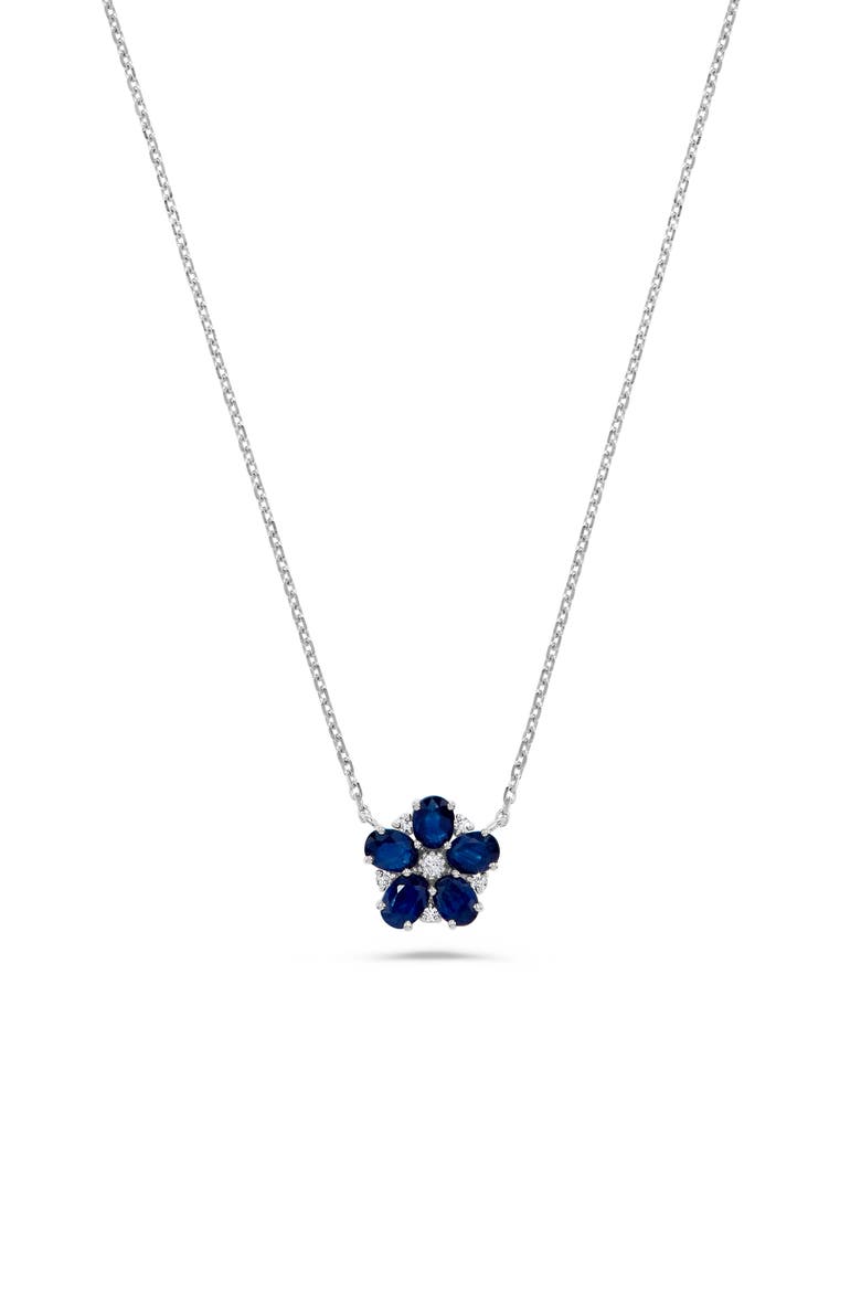 Diamond & Sapphire Flower Pendant Necklace, Main, color, WHITE GOLD