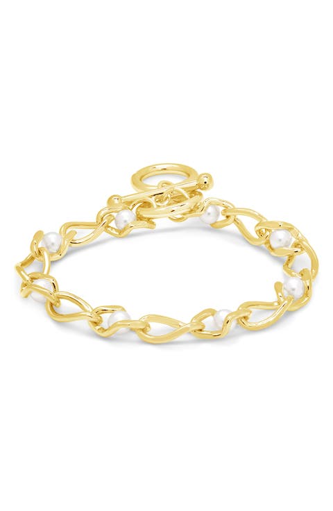 14K Gold Plated Amedea Synthetic Pearl Chain Bracelet