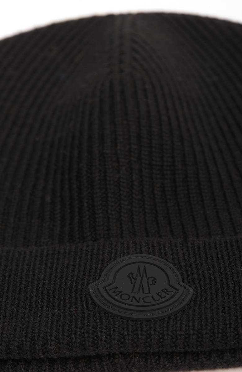 Moncler Logo Patch Virgin Wool Beanie, Alternate, color, Black
