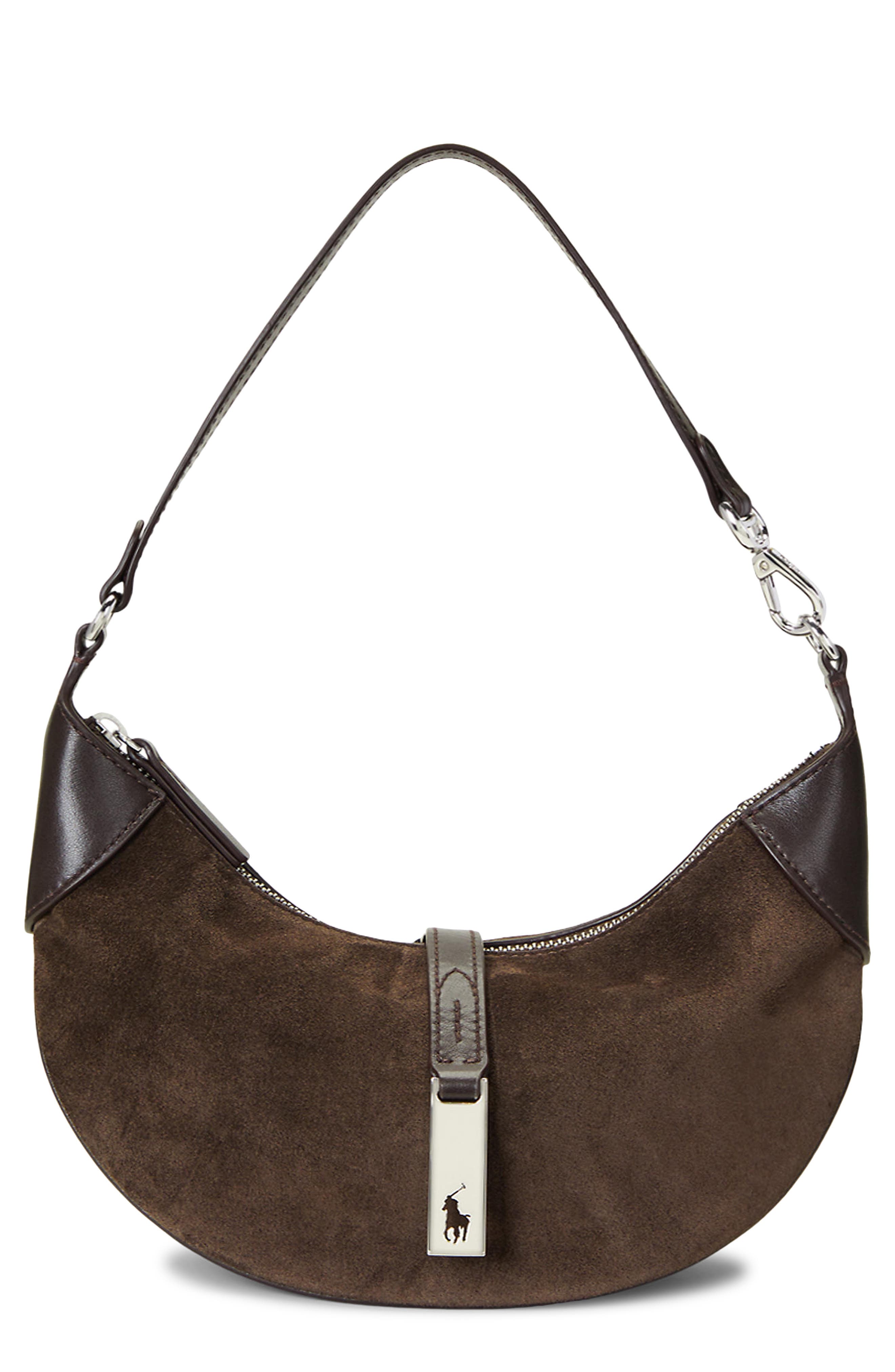 Polo ID Mini Suede & Leather Shoulder Bag, Main, color, BROWN