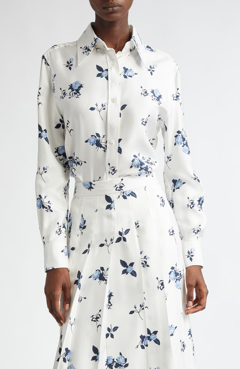 Thom Browne Rose Print Silk Button-Up Shirt, Main, color, 