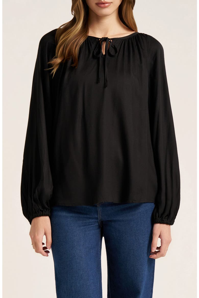 Tie Neck Raglan Sleeve Top, Main, color, BLACK