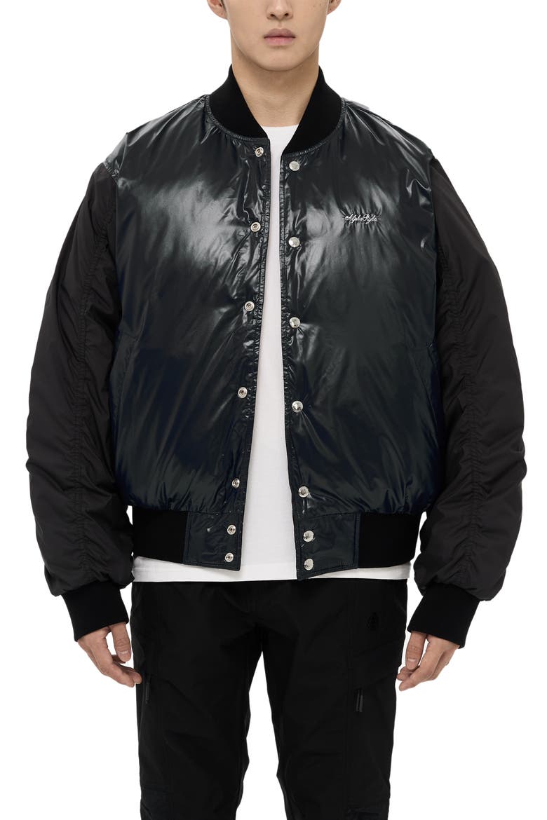 Hamden Mens Reversible Down Varsity Jacket, Main, color, Black