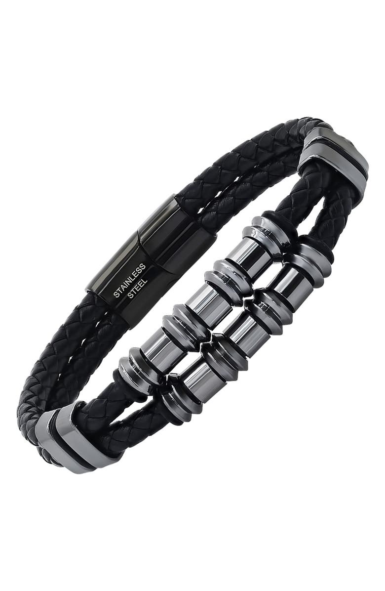 HMY JEWELRY Mens' Double-Strand Bead & Braided Leather Bracelet, Alternate, color, Gunmetal/ Black