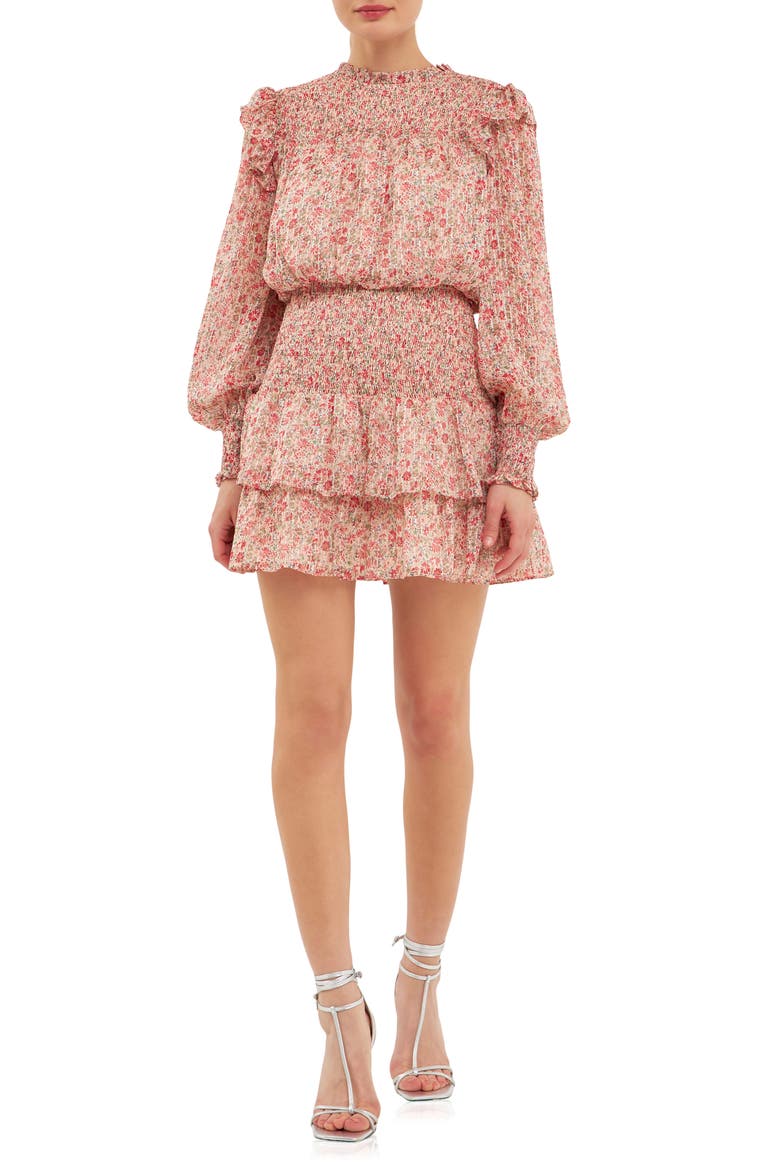 Floral Print Shirred Long Sleeve Chiffon Minidress, Main, color, PINK MULTI