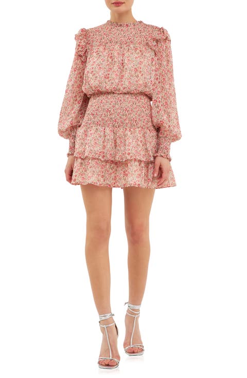 Floral Print Shirred Long Sleeve Chiffon Minidress