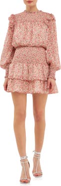 Endless Rose Floral Print Shirred Long Sleeve Chiffon Minidress