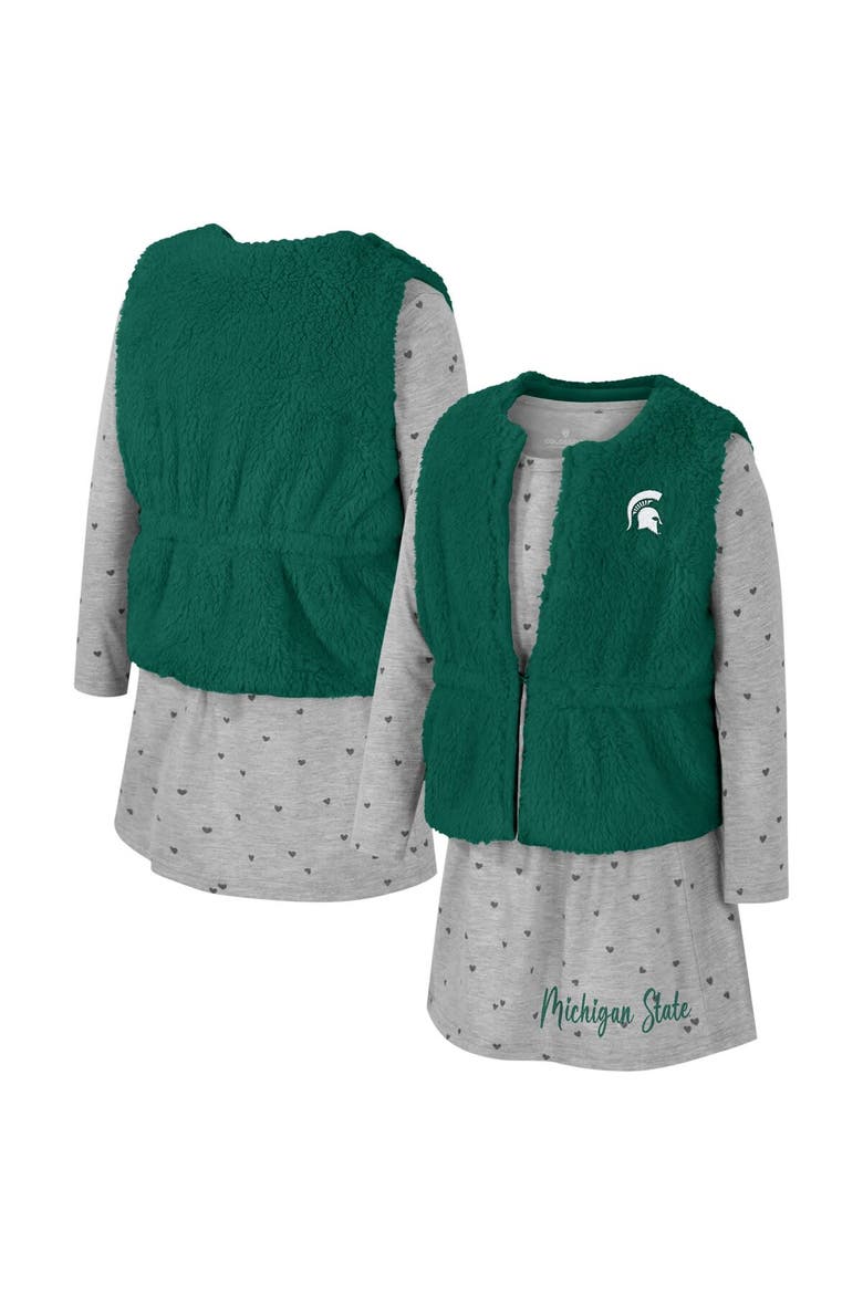 Girls Toddler Colosseum Green Michigan State Spartans Meowing Vest & Dress Set, Main, color, Green