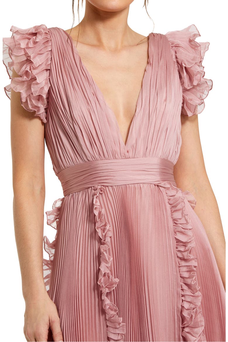 Chiffon Ruffled Midi Dress with Pleated Detailing, Alternate, color, ROSE