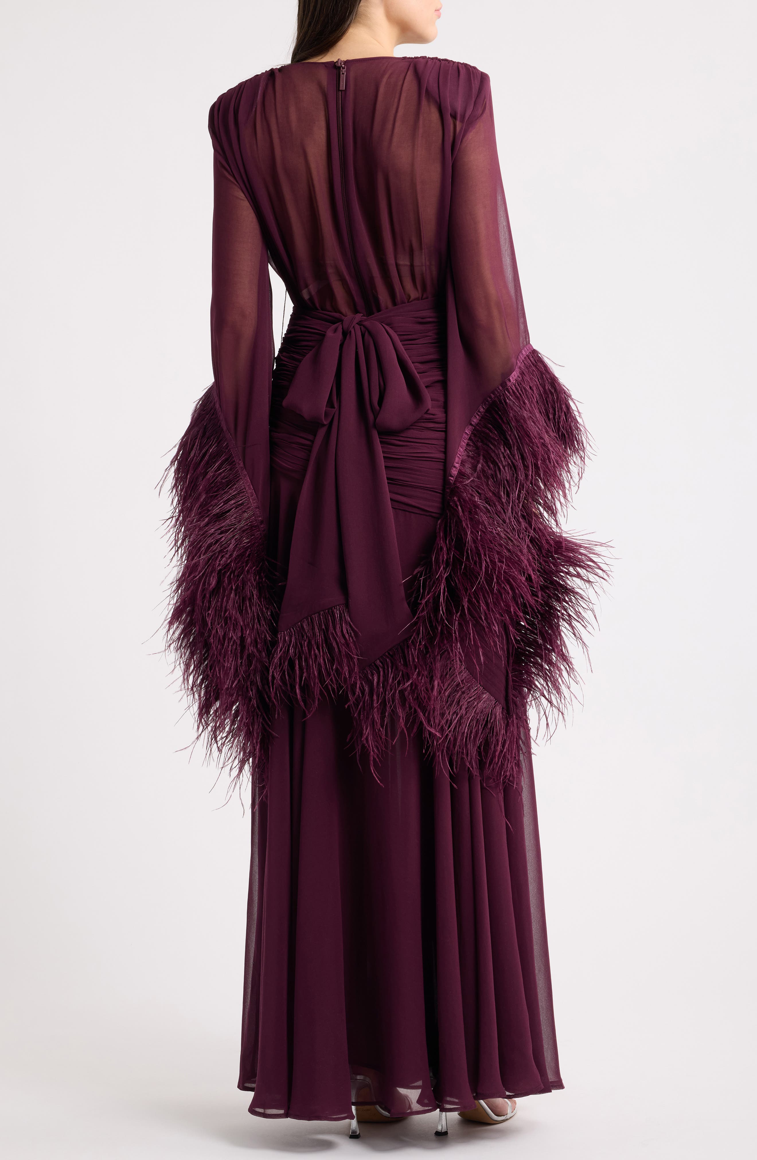 BRONX BANCO Feather Detail Long Sleeve Ruched Gown (Women) | Nordstrom
