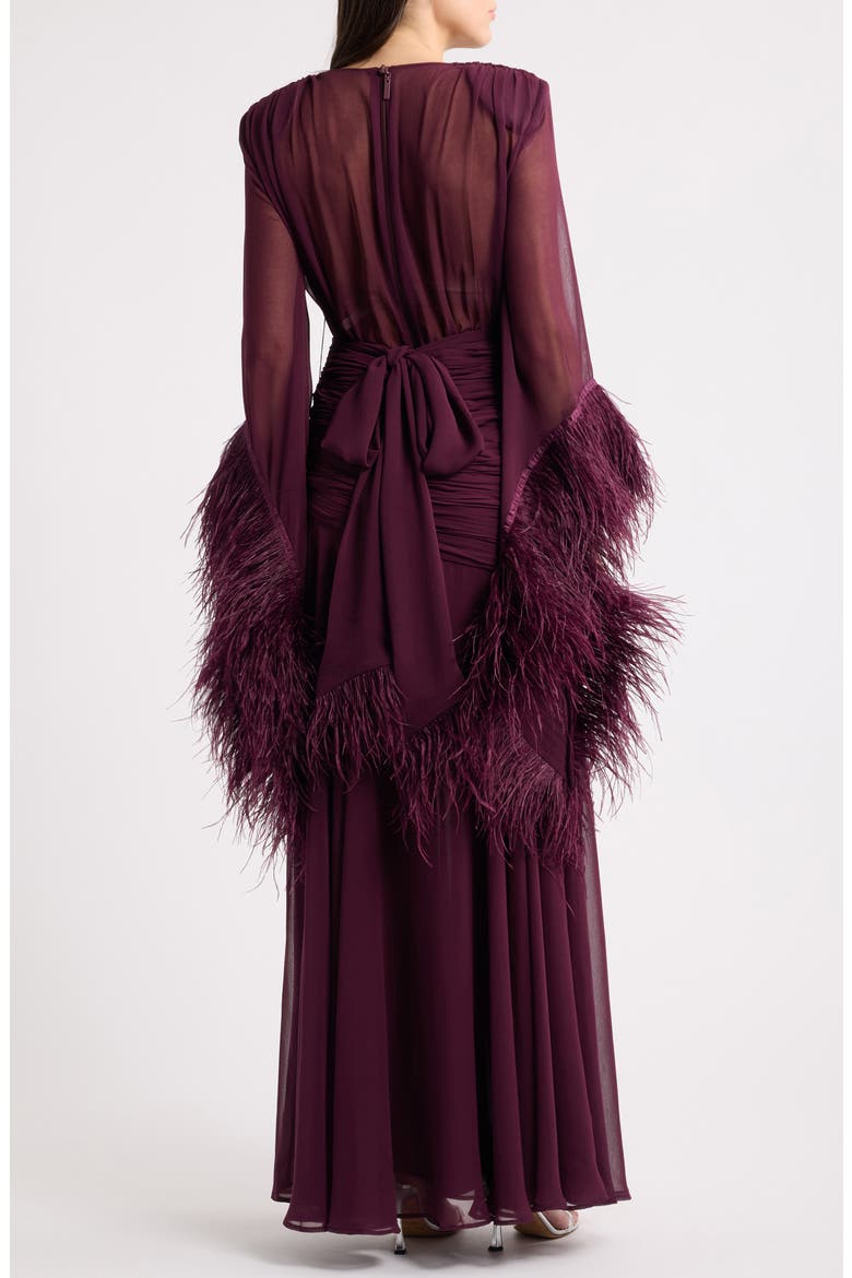 Feather Detail Long Sleeve Ruched Gown, Alternate, color, BURGUNDY