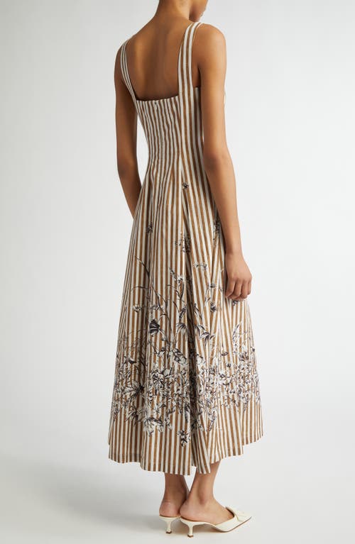Lela Rose Caitlin Striped Floral-print Poplin Midi Dress In Walnut