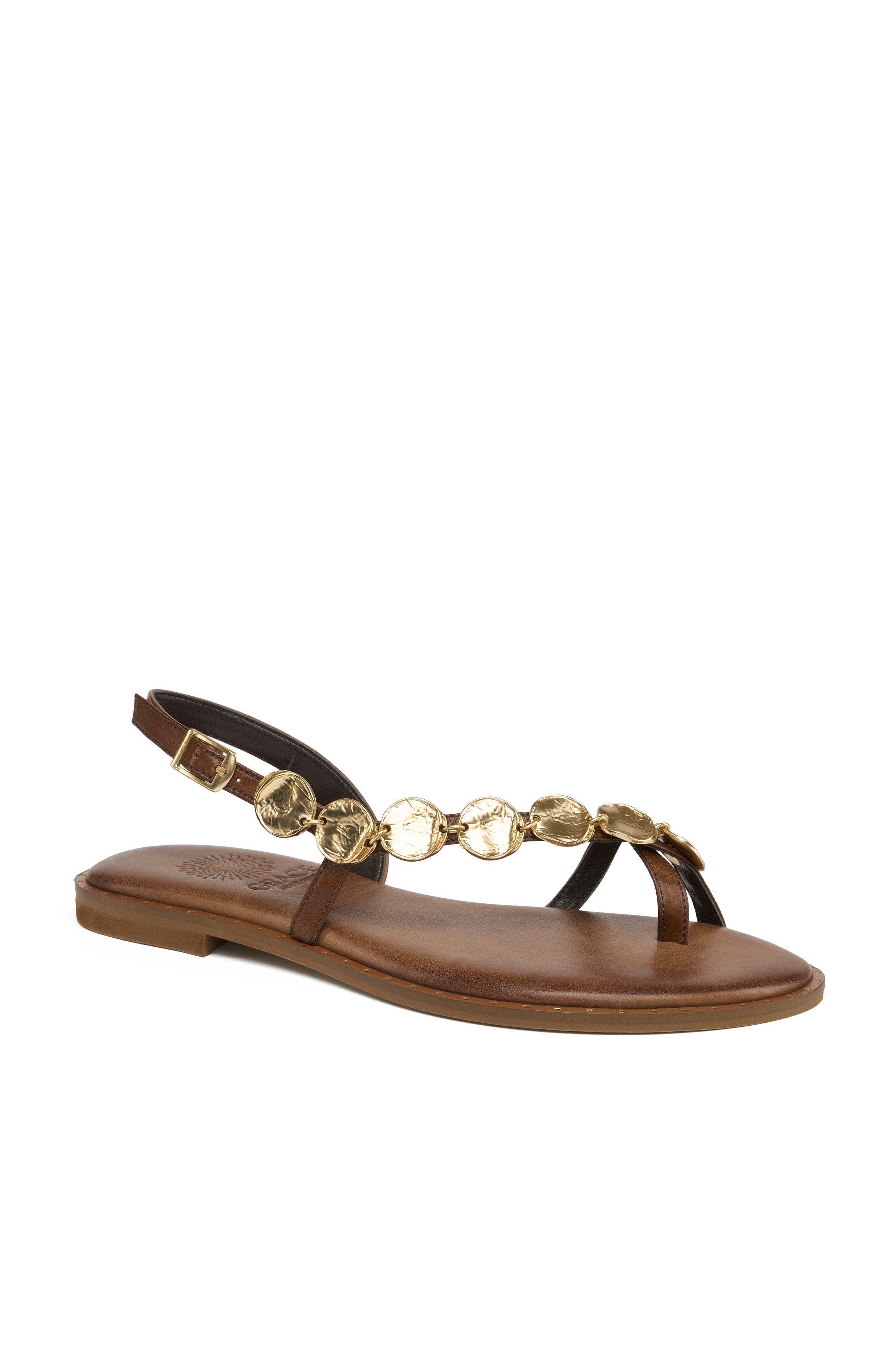 Grace Footwear Serifos Gold Disc T Strap Sandal, Main, color, Brown