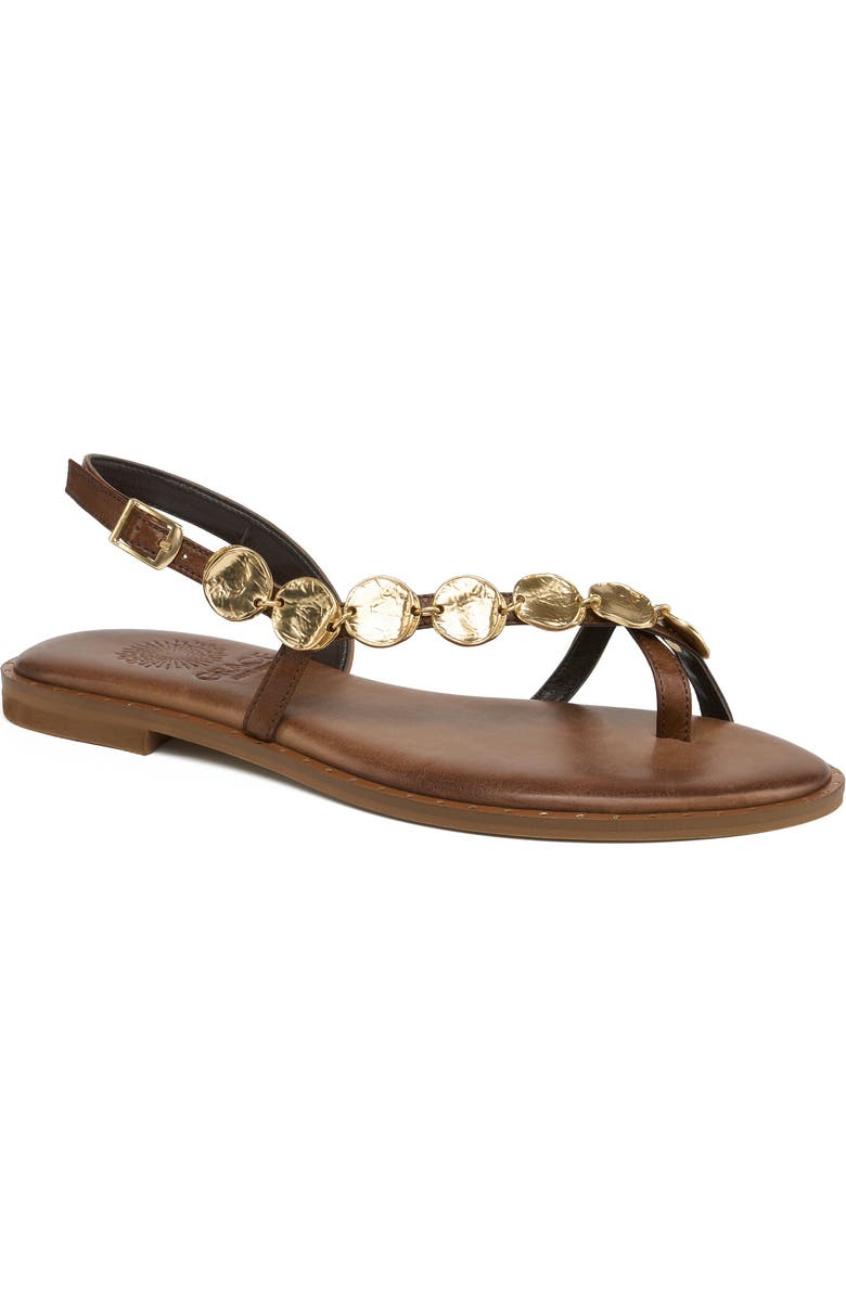 Grace Footwear Serifos Gold Disc T Strap Sandal, Main, color, Brown