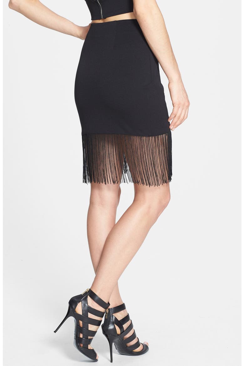 ASTR Fringed Faux Wrap Skirt, Alternate, color, BLACK