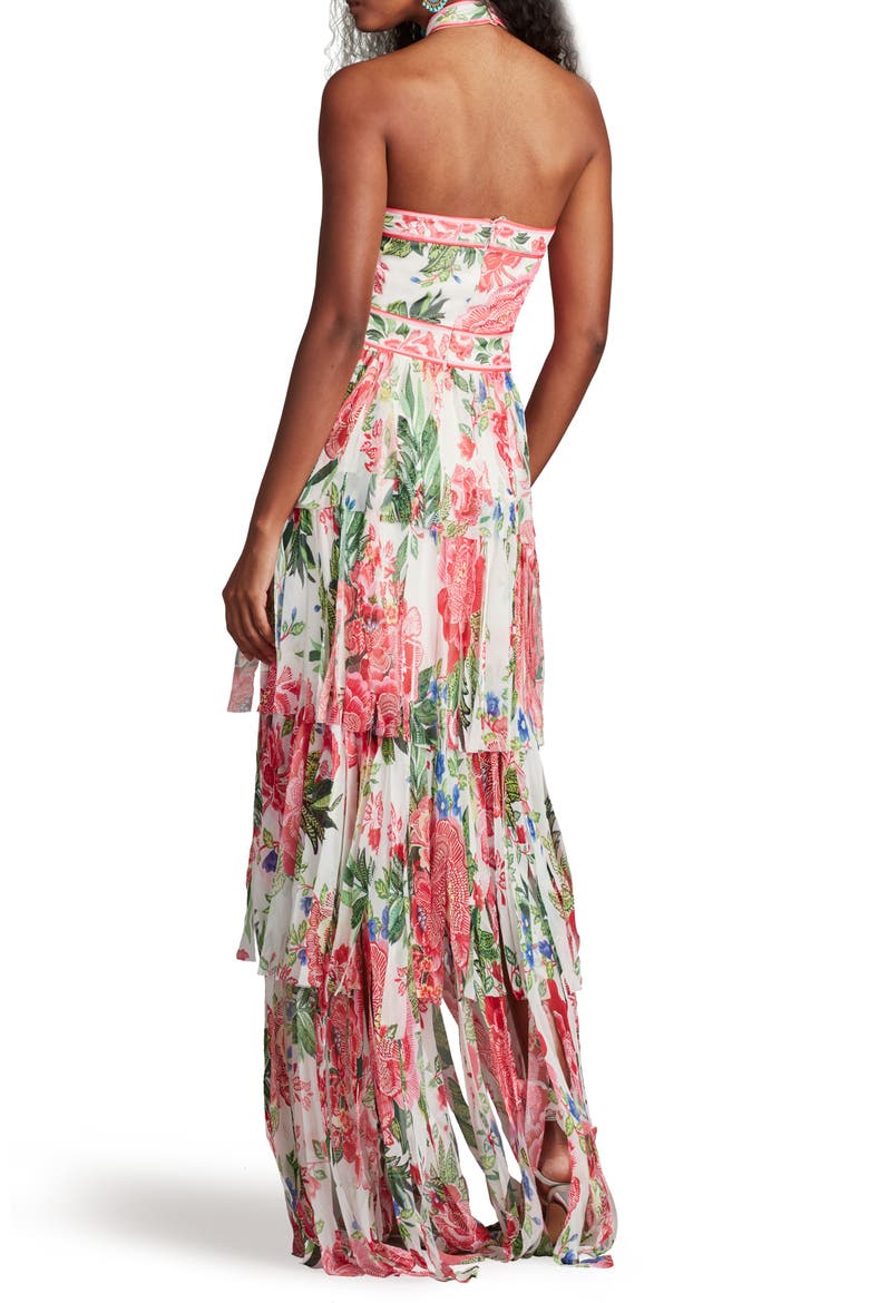 Floral Print Twist Tiered Halter Gown, Alternate, color, WHITE/ FUCHSIA FLORAL