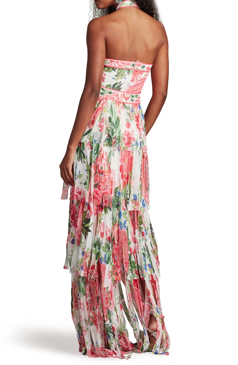 Tadashi Shoji Floral Print Twist Tiered Halter Gown, Alternate, color, White/ Fuchsia Floral