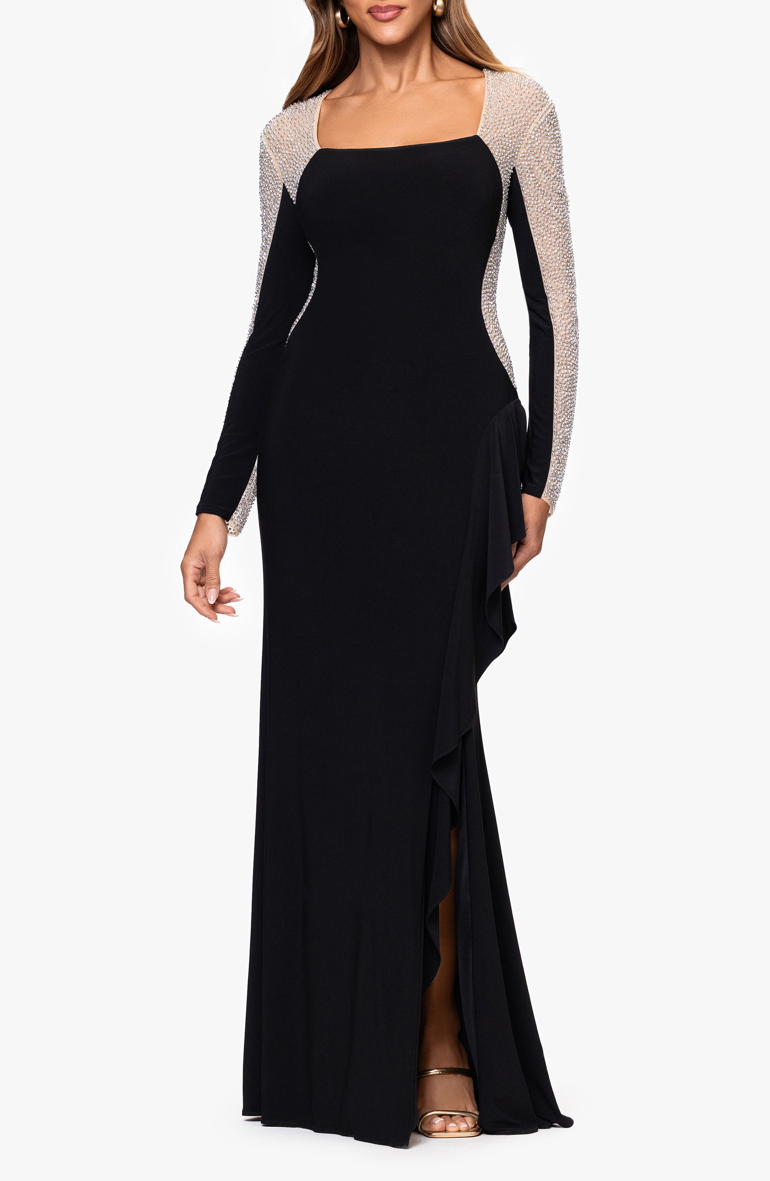 Xscape Evenings Beaded Long Sleeve Mermaid Gown in Black/Beige/Silver 