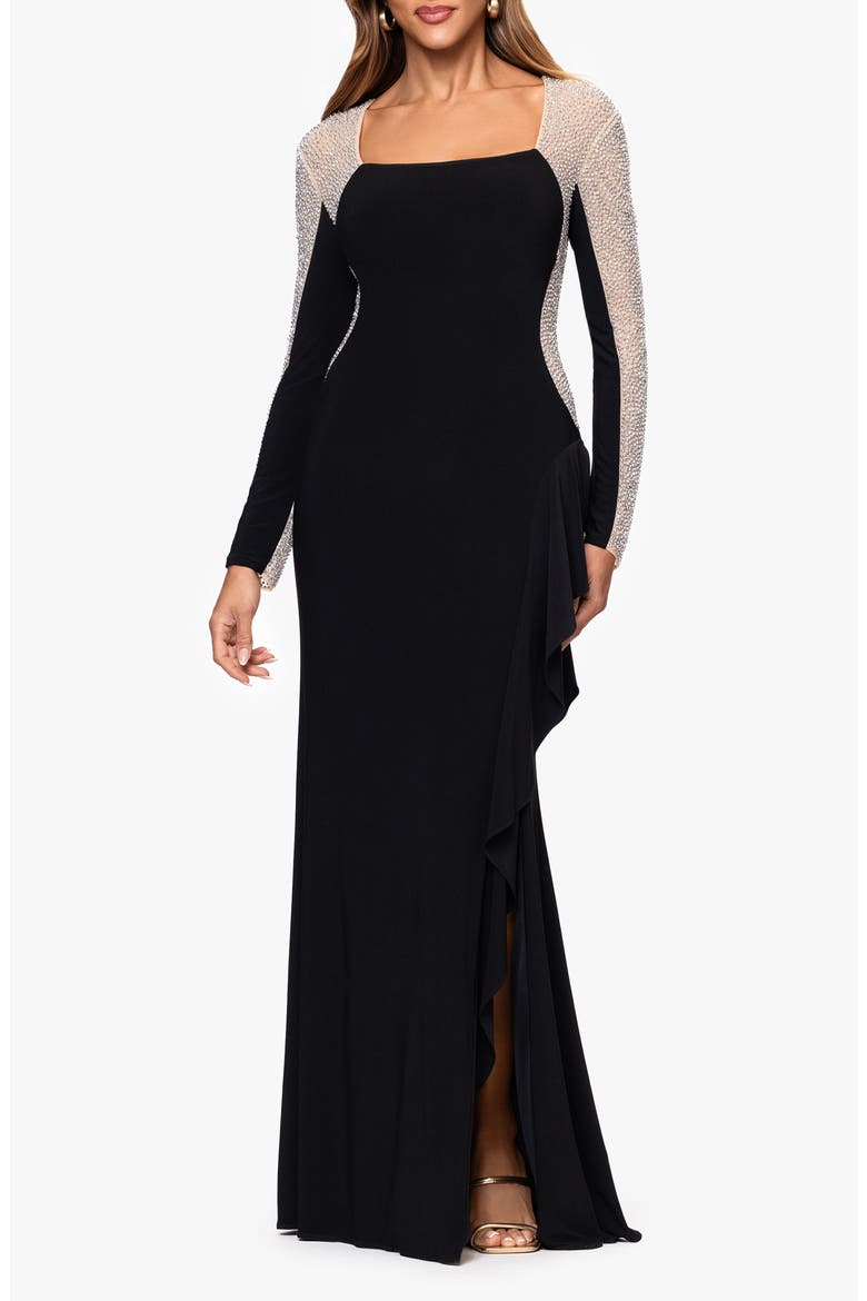 Beaded Long Sleeve Mermaid Gown, Main, color, BLACK/ BEIGE/ SILVER