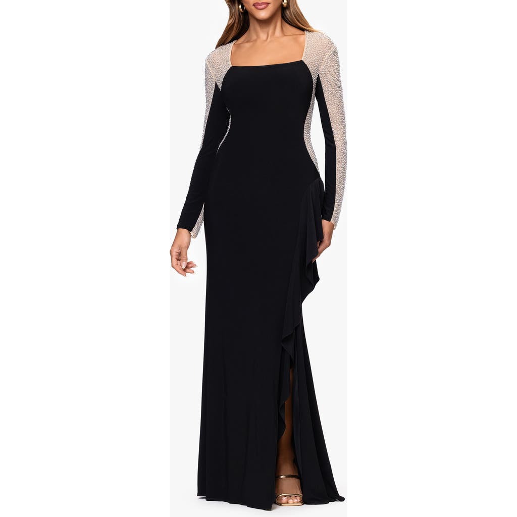 Xscape Evenings Beaded Long Sleeve Mermaid Gown in Black/Beige/Silver  product