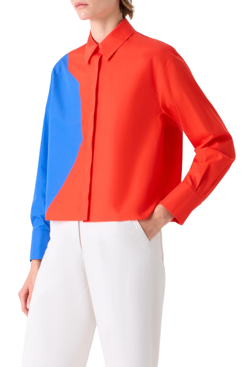 High Plains Colorblock Crop Cotton Poplin Button-Up Shirt, Alternate, color, VERMILLION-LAPIS BLUE