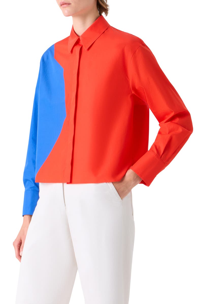 Akris High Plains Colorblock Crop Cotton Poplin Button-Up Shirt, Alternate, color, Vermillion-Lapis Blue